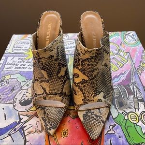 Pretty Little Thing Grey Snake Skin Mule Heels